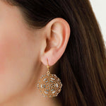 La Vie Parisienne-Small Round Filigree Hooks-Earrings-14k Gold Plated, White Crystal-Blue Ruby Jewellery-Vancouver Canada