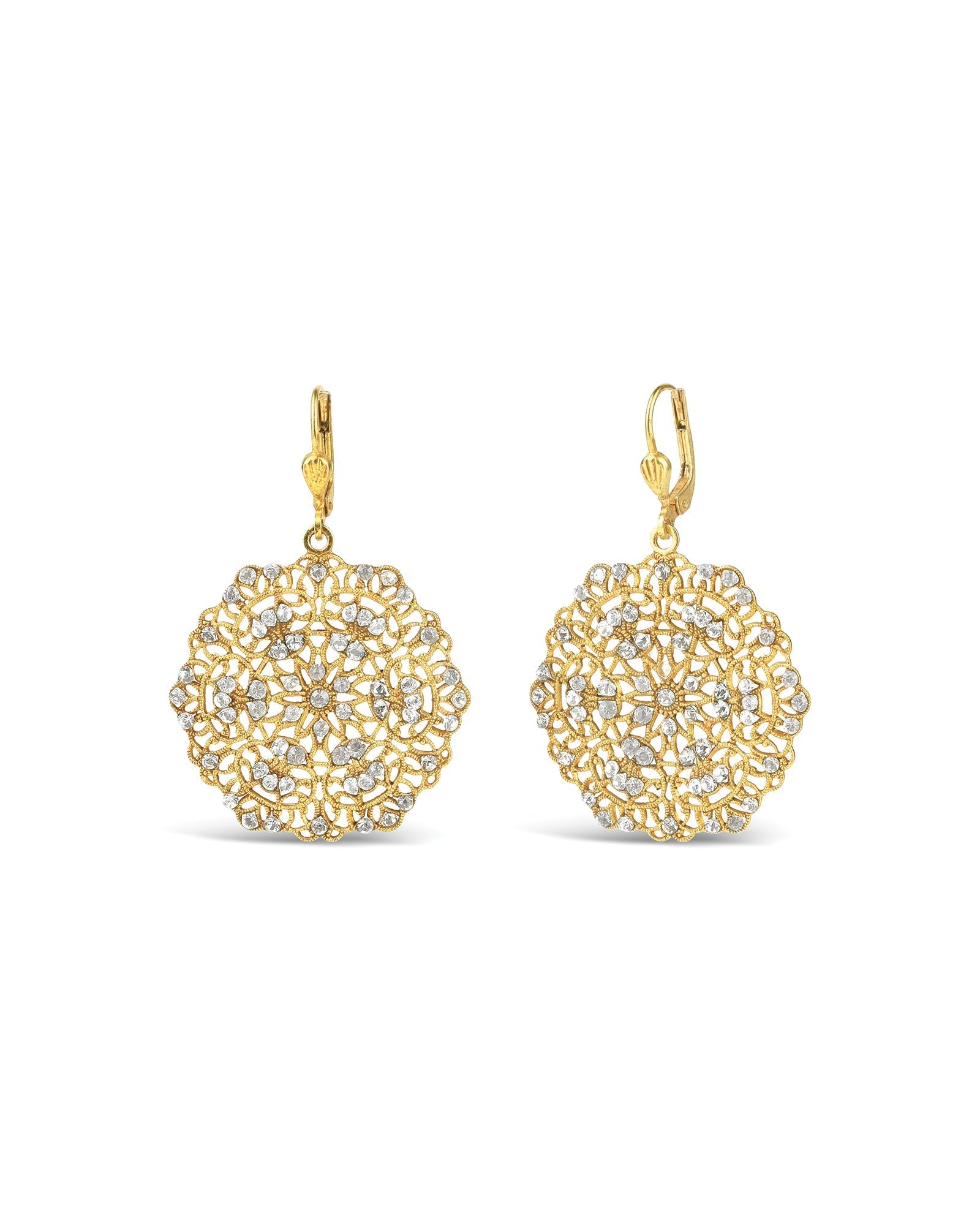 La Vie Parisienne-Small Round Filigree Hooks-Earrings-14k Gold Plated, White Crystal-Blue Ruby Jewellery-Vancouver Canada