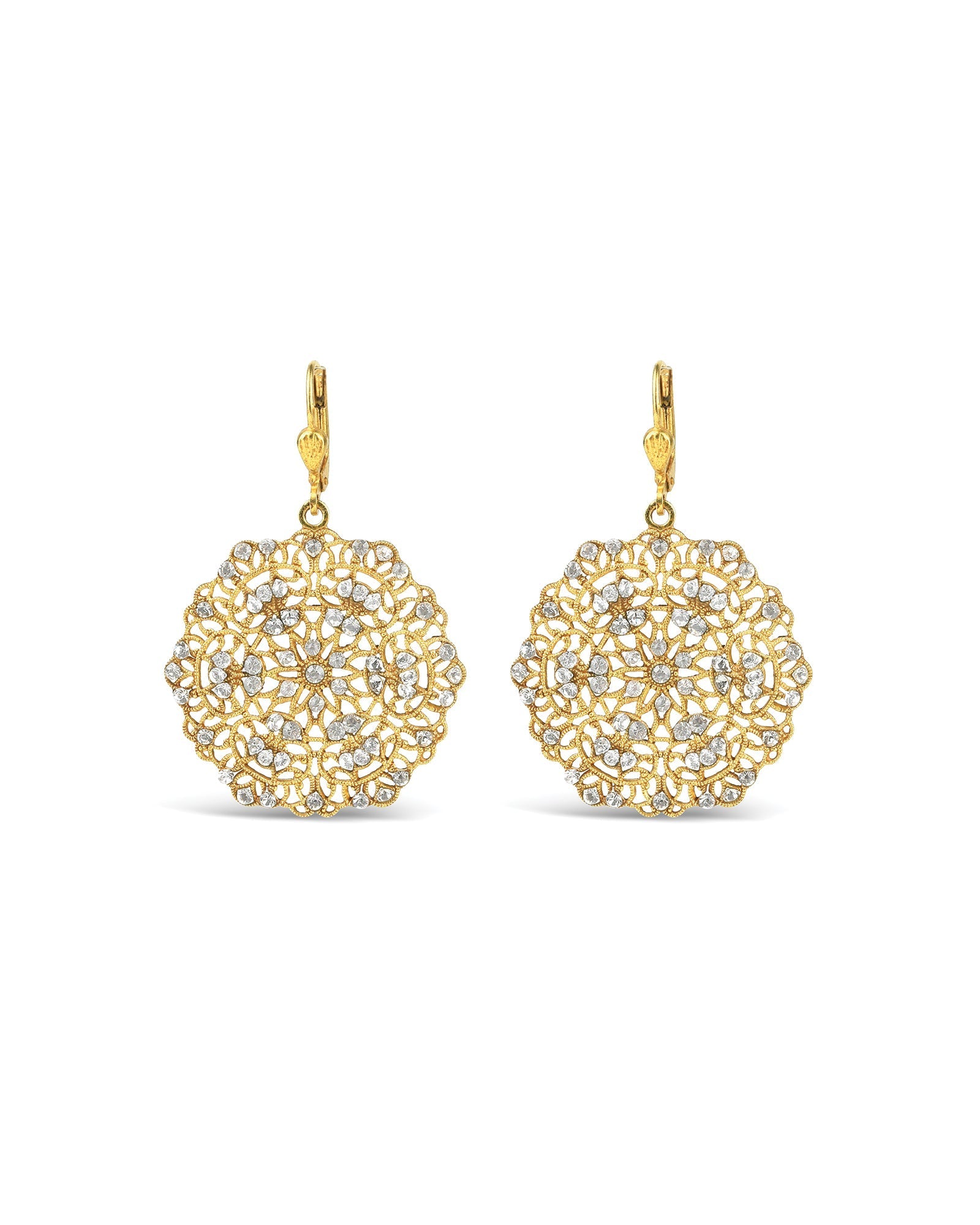 La Vie Parisienne-Small Round Filigree Hooks-Earrings-14k Gold Plated, White Crystal-Blue Ruby Jewellery-Vancouver Canada