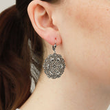 La Vie Parisienne-Small Round Filigree Hooks-Earrings-Sterling Silver Plated, White Crystal, Black Diamond Crystal-Blue Ruby Jewellery-Vancouver Canada