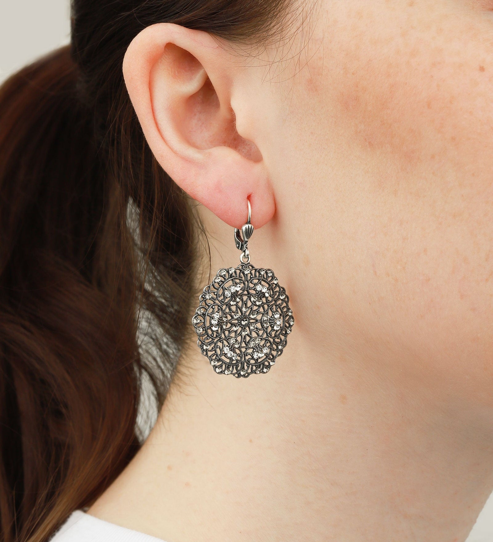 La Vie Parisienne-Small Round Filigree Hooks-Earrings-Sterling Silver Plated, White Crystal, Black Diamond Crystal-Blue Ruby Jewellery-Vancouver Canada