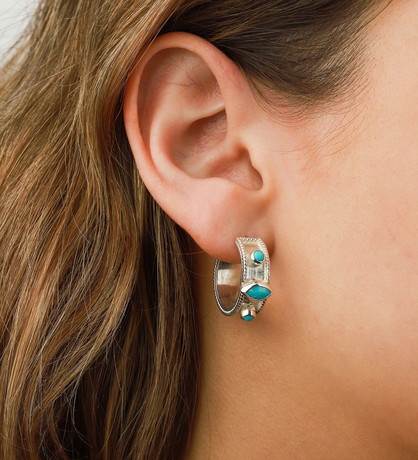 Chan Luu-Stone Bezel Hoops-Earrings-Sterling Silver, Turquoise-Blue Ruby Jewellery-Vancouver Canada