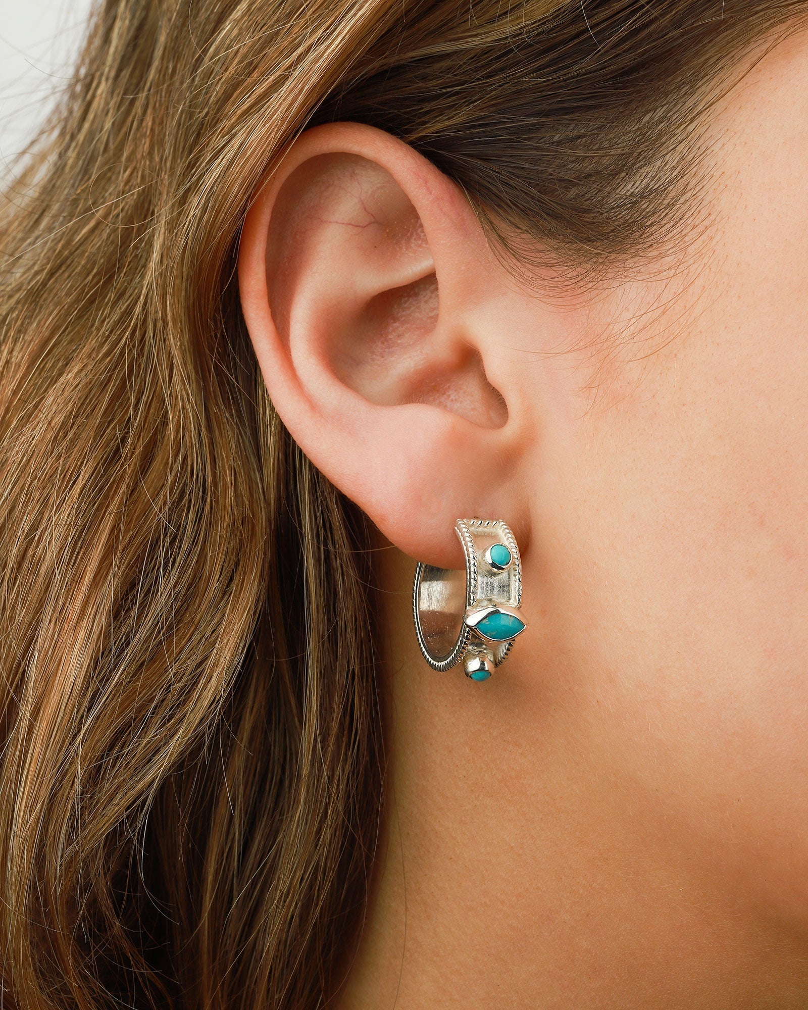 Chan Luu-Stone Bezel Hoops-Earrings-Sterling Silver, Turquoise-Blue Ruby Jewellery-Vancouver Canada