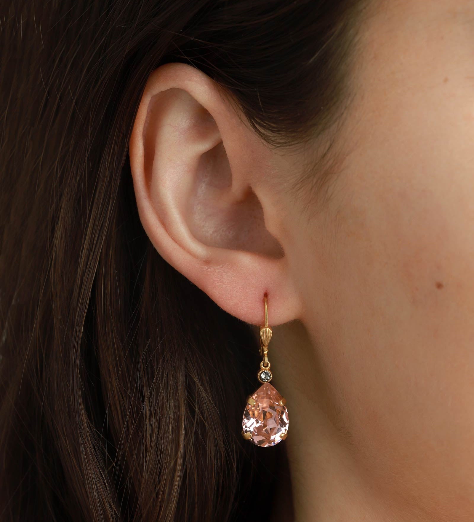 La Vie Parisienne-Teardrop Crystal Hooks-Earrings-14k Gold Plated, Blush Crystal-Blue Ruby Jewellery-Vancouver Canada