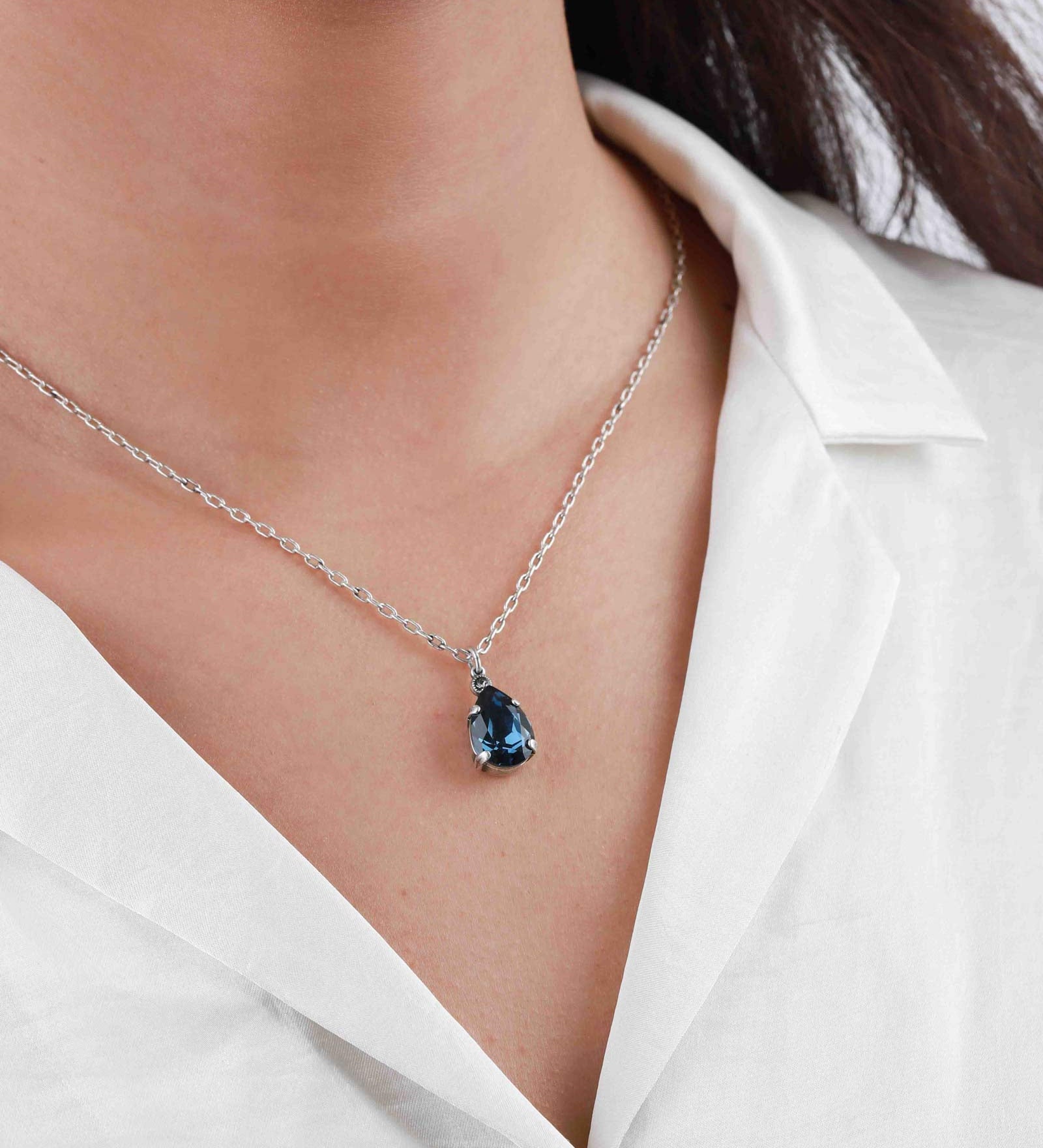 La Vie Parisienne-Teardrop Crystal Necklace-Necklaces-Sterling Silver Plated, Midnite Crystal-Blue Ruby Jewellery-Vancouver Canada