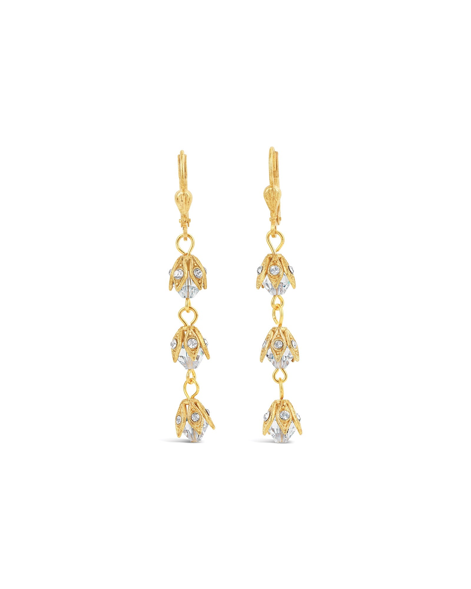 La Vie Parisienne-Three Crystal Leaf Hooks-Earrings-14k Gold Plated-Blue Ruby Jewellery-Vancouver Canada