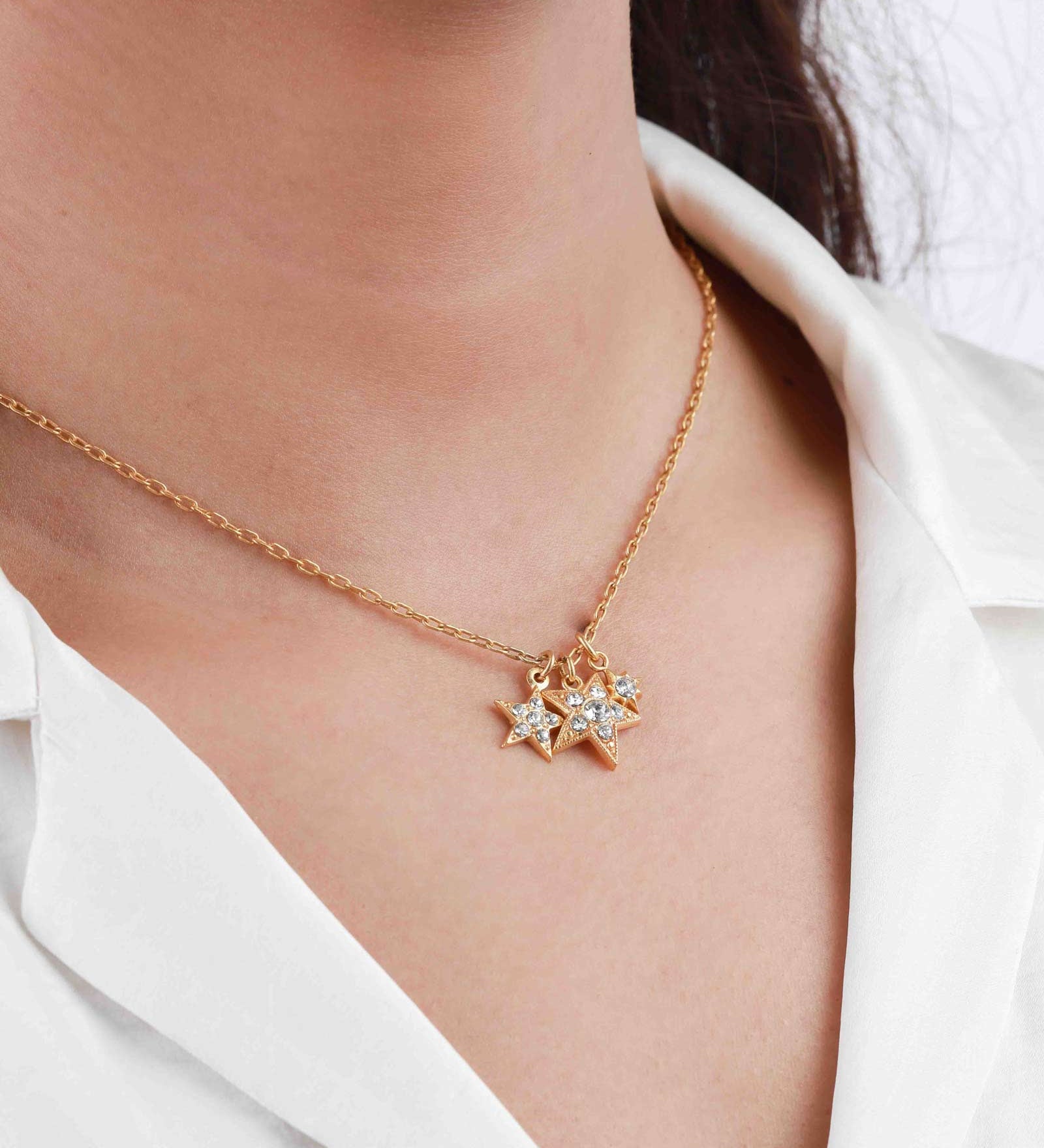 La Vie Parisienne-Three Gradient Star Necklace-Necklaces-14k Gold Plated, Clear Crystal-Blue Ruby Jewellery-Vancouver Canada