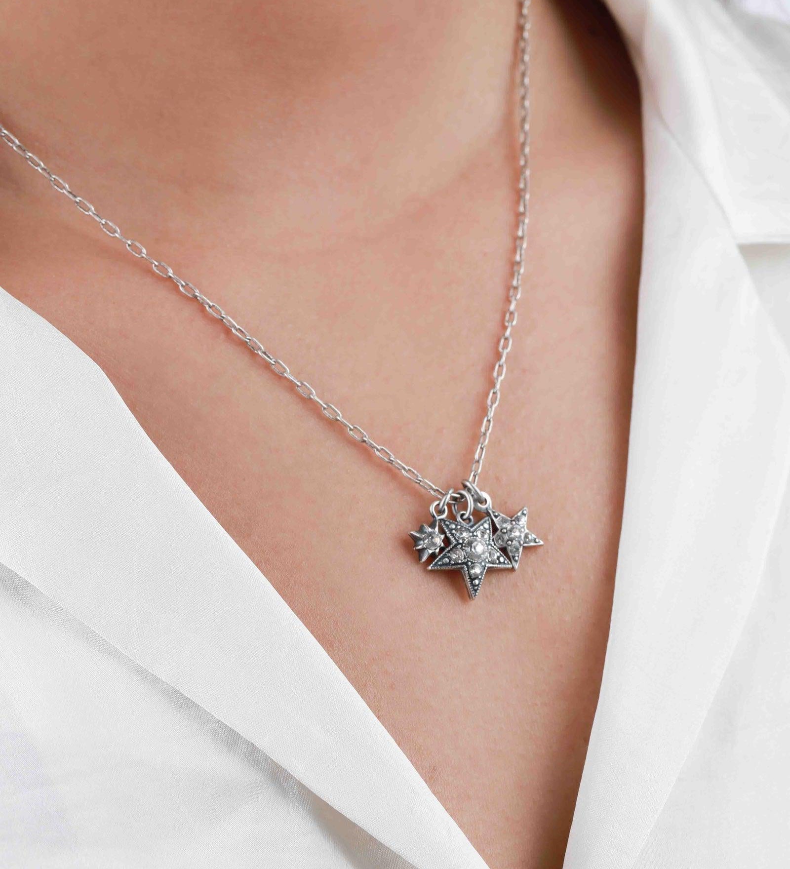 La Vie Parisienne-Three Gradient Star Necklace-Necklaces-Sterling Silver Plated, White Crystal-Blue Ruby Jewellery-Vancouver Canada