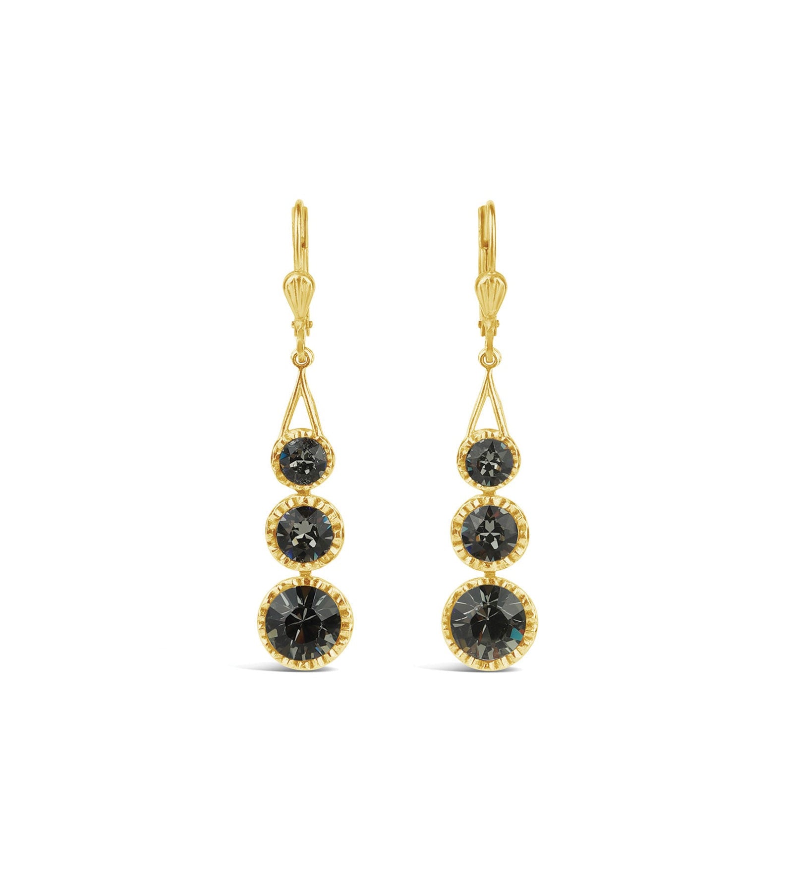 La Vie Parisienne-Three Round Crystal Hooks-Earrings-14k Gold Plated, Black Diamond Crystal-Blue Ruby Jewellery-Vancouver Canada