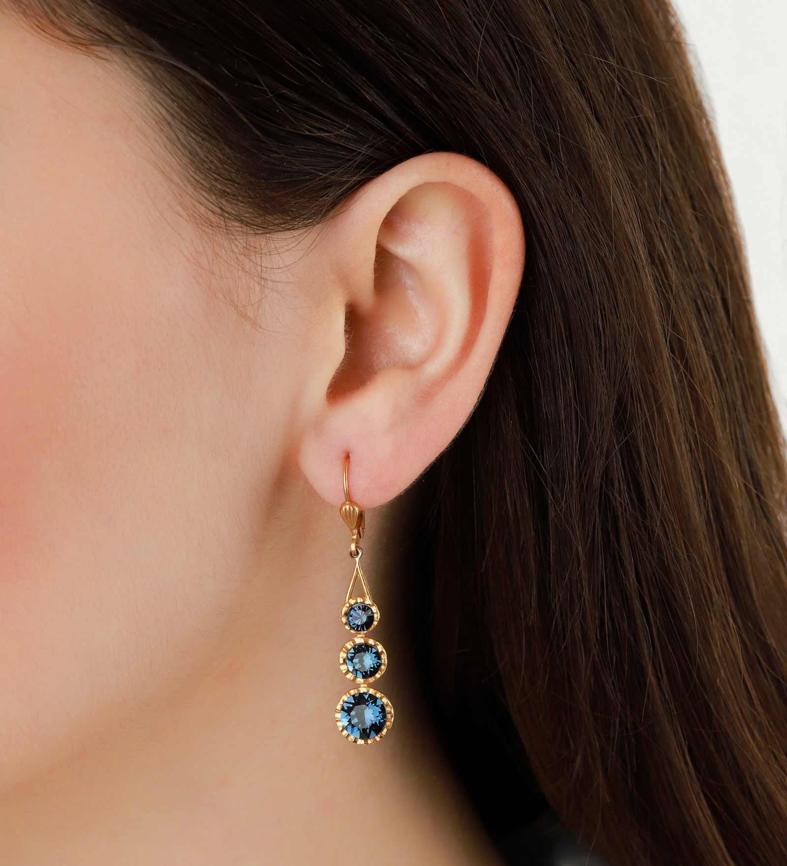 La Vie Parisienne-Three Round Crystal Hooks-Earrings-14k Gold Plated, Midnite Crystal-Blue Ruby Jewellery-Vancouver Canada