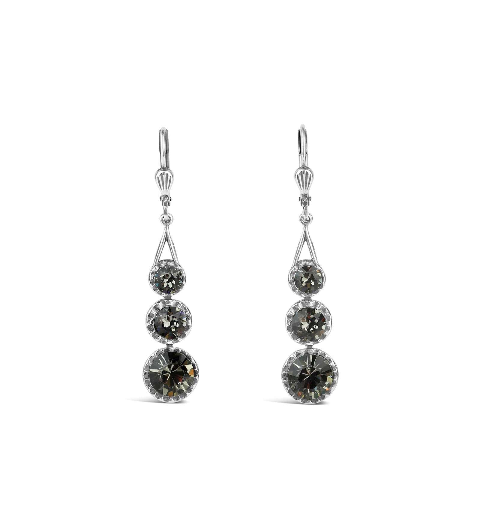 La Vie Parisienne-Three Round Crystal Hooks-Earrings-Sterling Silver Plated, Black Diamond Crystal-Blue Ruby Jewellery-Vancouver Canada