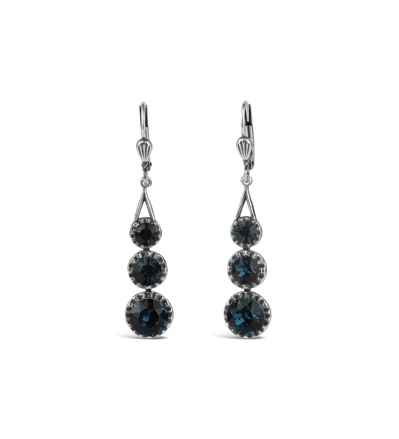 La Vie Parisienne-Three Round Crystal Hooks-Earrings-Sterling Silver Plated, Midnite Crystal-Blue Ruby Jewellery-Vancouver Canada