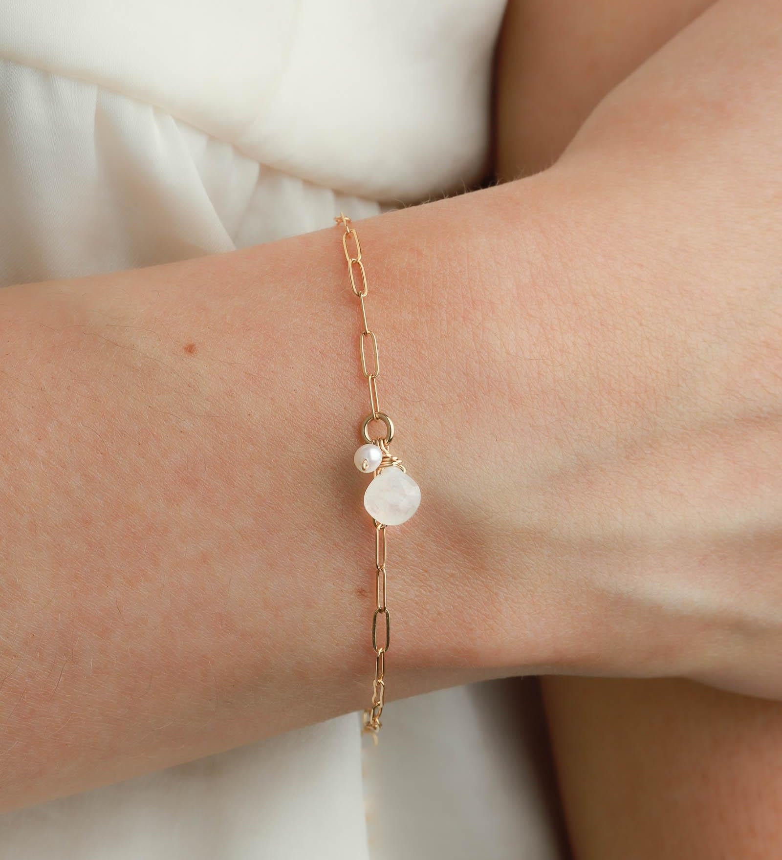 Poppy Rose-XS Paperclip Stone Drop Bracelet-Bracelets-14k Gold-fill, Moonstone, Freshwater Pearl-Blue Ruby Jewellery-Vancouver Canada